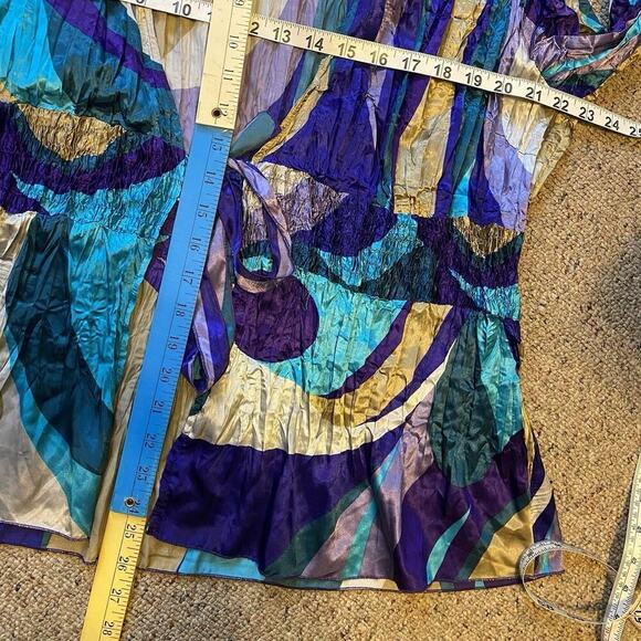 Y2K Women Plus 2X Silky Crinkled Blouse Rockabilly Colorful Tie Front Beach Boho - Picture 2 of 10